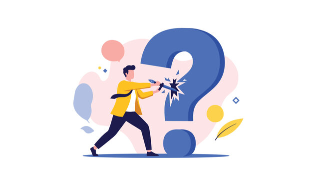 Determined professional attacking a giant blue question mark to find answers and resolve complex business problems or uncertainties.
