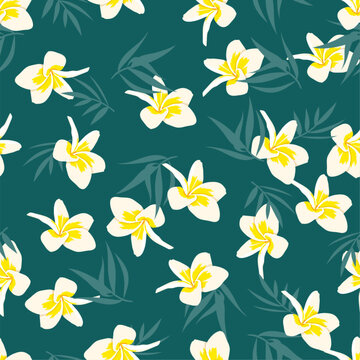Palm leaves and Plumeria seamless pattern. Vector cute tropical Hawaiian flower print on dark green background. Summer flat texture for wrapping, fabric, beach party decoration, textile, fashion.