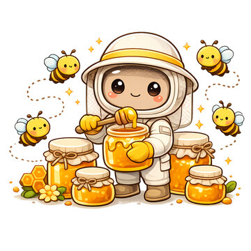 kawaii chibi beekeeper, honey jars clipart, cute beekeeper character, chibi beekeeper, kawaii illustration, cartoon beekeeper, adorable bee keeper, honey jar, cute honey collection, smiling bee, kawai