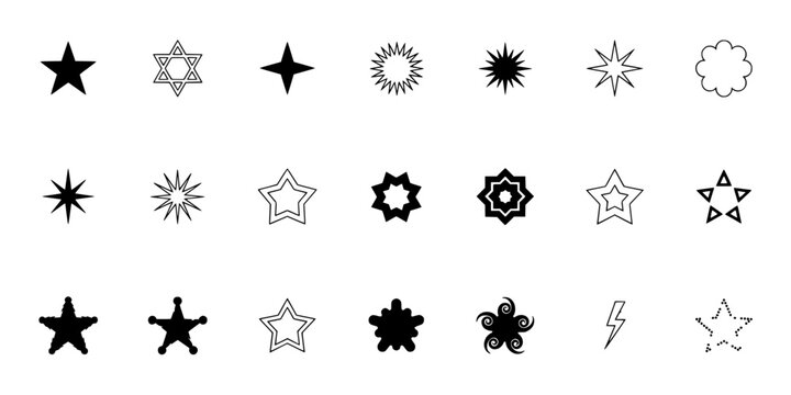 Collection of 24 Distinct Star Shapes and Symbols in a 4x6 Grid, Vector Illustration Featuring Symbol, Shape, Set with Icon
