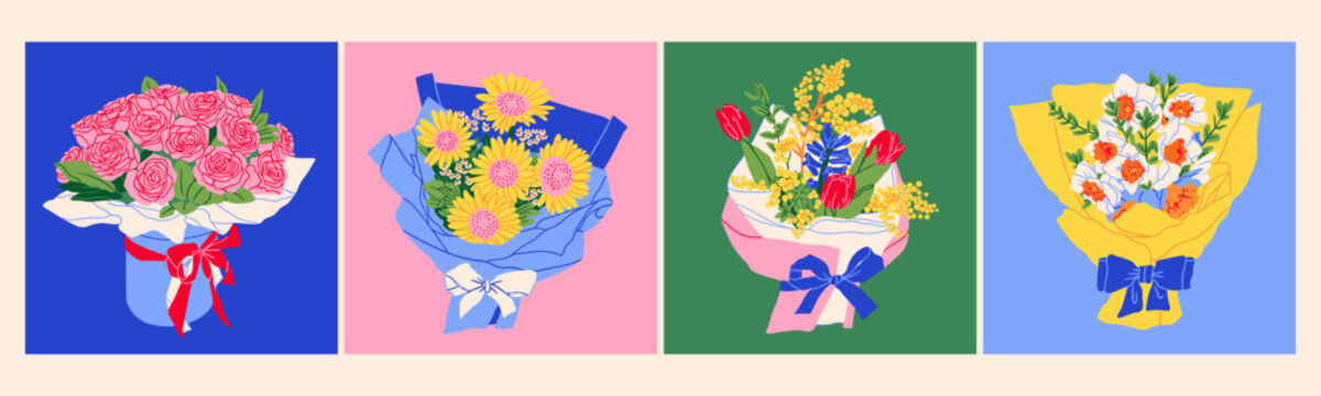 Beautiful Bouquets of Narcissus, Roses, Sunflowers, Tulips. Spring fresh flowers wrapped in gift paper with ribbon. Hand drawn trendy Vector illustration. Isolated design elements