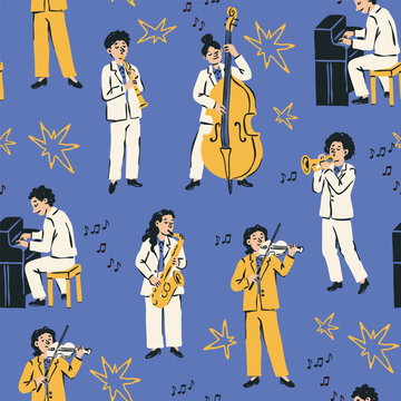 Music band, people with instruments like saxophone, flute, contrabass, piano, tuba, violin. Hand drawn trendy Vector illustration. Concert, music school, jazz fest concept. Square seamless Pattern