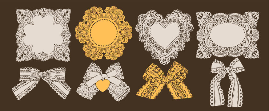 Elegant lace ribbon bows, frames, napkins. Various shapes, ornaments. Hand drawn Vector illustration. Wedding invitation, greeting card, fashion, decoration concept. Isolated design elements