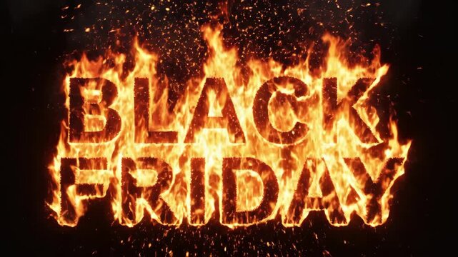 Burning Black Friday text with fire and sparks on dark background