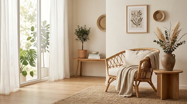 Serene and sunlit living room with natural rattan furniture, lush green plants, and warm beige accents, creating a calm and inviting Scandinavian-inspired interior space