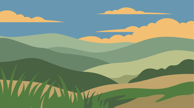Beautiful rolling green hills and valleys with a blue sky and orange clouds in a simple flat vector art style