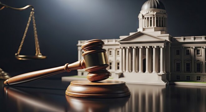 Wooden gavel and scales of justice near building model