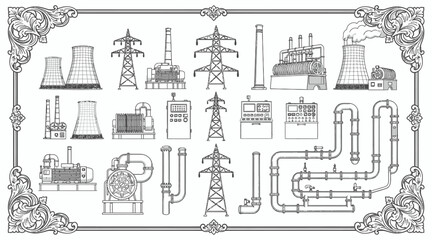 Fototapeta premium Industrial Plant Elements & Power Generation Machinery - Vintage Illustration Set