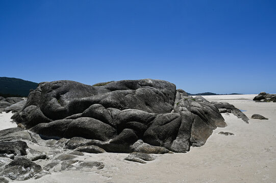 Rocks on the atlantic beach in Galicia Spain. 