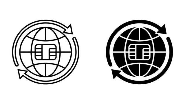 Global SIM Card Technology: Two icons depict a SIM card integrated with a globe, encircled by arrows indicating global connectivity and data transfer.