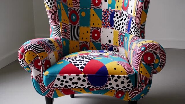 Colorful Patchwork Armchair With Geometric Pattern And Polka Dots, Set In Bright Minimalist Studio By White Wall, Wooden Legs Visible, Bold Upholstery Mixing Squares Circles Stripes In Saturated Hues,