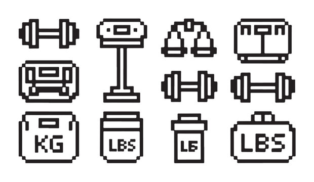 Pixel art weighing scales and weights including dumbbells and kgs lbs.