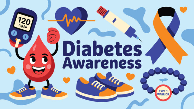 Diabetes Awareness concept showing glucose meter, insulin pen, blood drop, and supportive symbols