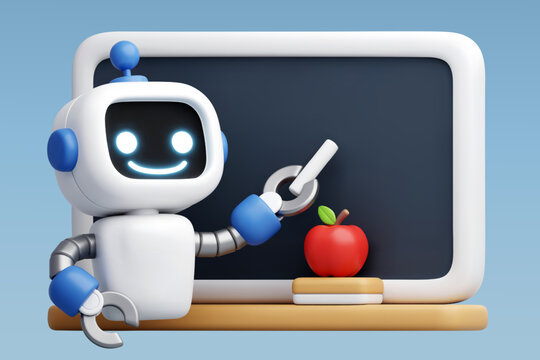 3D vector Friendly AI robot teaching in front of a classroom board with an apple on a desk. Digital education, Online learning, Smart technology, Tutoring, Automation and Future learning.