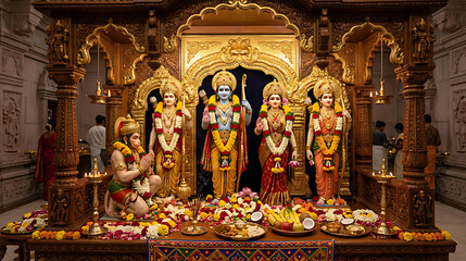 Obraz premium Intricately Decorated Hindu Deity Statues with Ritual Offerings in a Sacred Temple Setting