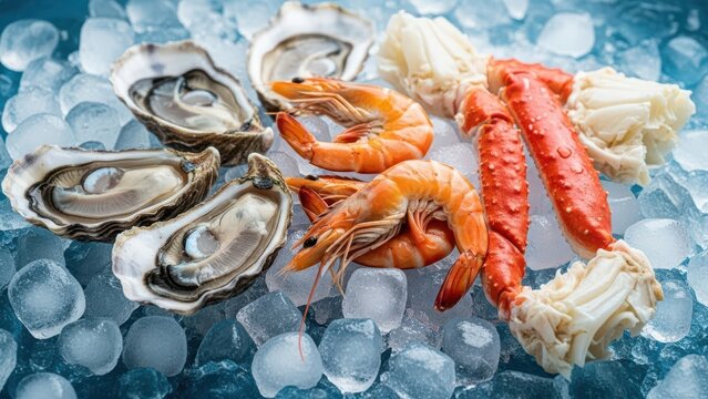 Fresh Seafood Assortment: Oysters, Shrimp, and Crab on Ice