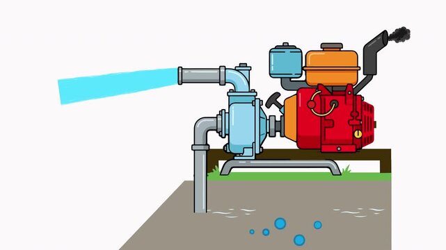 Red shallow machine pulling underground water into a field canal, rural agriculture equipment asset motion video, animation of an agricultural diesel water pump engine spraying water for irrigation.
