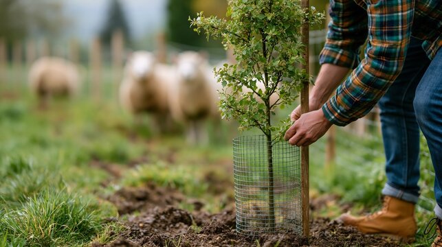 Person planting young tree with protective mesh