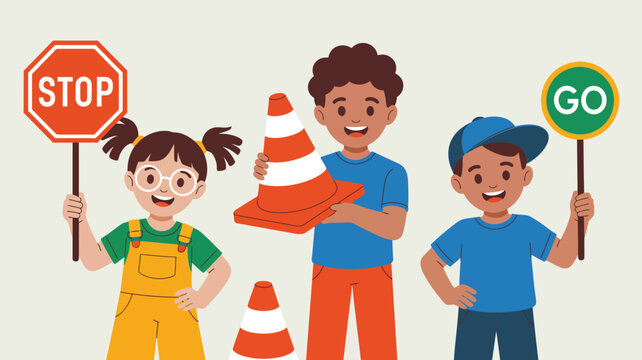 Diverse cartoon children playfully holding stop and go signs with vibrant orange traffic cones