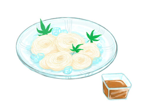 白バックに緑もみじと氷を添えた涼しげな素麺のイラスト