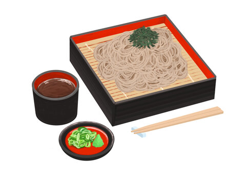 薬味のネギとわさびと蕎麦つゆが添えてあるざる蕎麦のイラスト