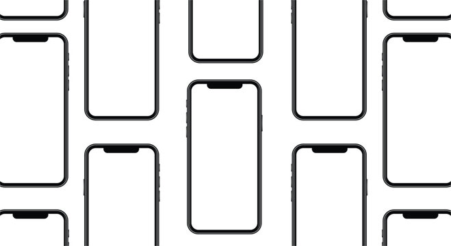 Mobile phone mockup pattern on transparent background showing multiple black smartphone frames with white blank screens.
