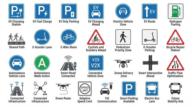 Traffic signs for highways display safety symbols and info for drivers, cyclists, and e-vehicles to follow on the roads.