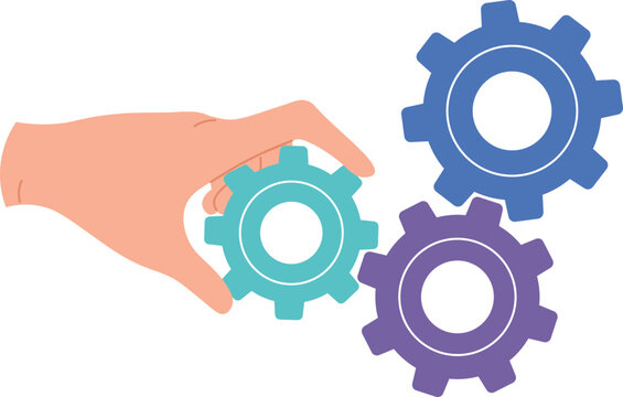Hand placing a gear to work with other gears, representing teamwork and integration