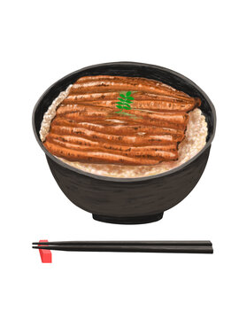 白バックに箸置きと箸を添えた美味しそうな鰻丼イラスト