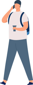 Young man communicating on phone and carrying coffee while walking