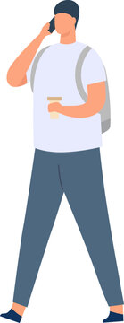 Young man communicating on mobile phone while walking and holding a coffee cup in hand