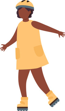 Child rollerblading wearing a helmet, spreading arms for balance and safety