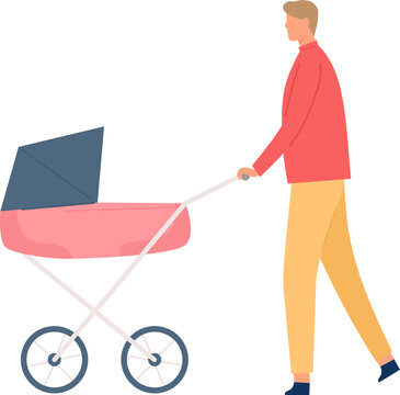 Man pushing baby carriage, representing parenthood, childcare, and family daily life