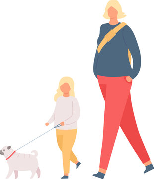 Mother and daughter enjoying a walk with their pet companion