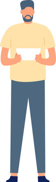 Man standing presenting an empty screen on a tablet for custom content or information