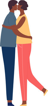 Dark skinned man and woman embracing, sharing a romantic kiss