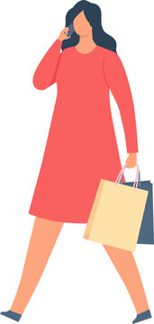Woman talking on cellphone and carrying shopping bags, representing communication and consumerism