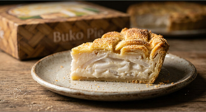 Close up slice of creamy buko pie on a ceramic plate with bakery boxes behind