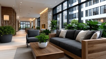 Fototapeta premium Luxury senior rehabilitation center features glass walls and indoor gardens in a modern setting