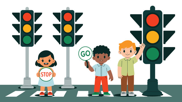 Diverse children learning road safety on a pedestrian crosswalk with stop and go signs by traffic lights