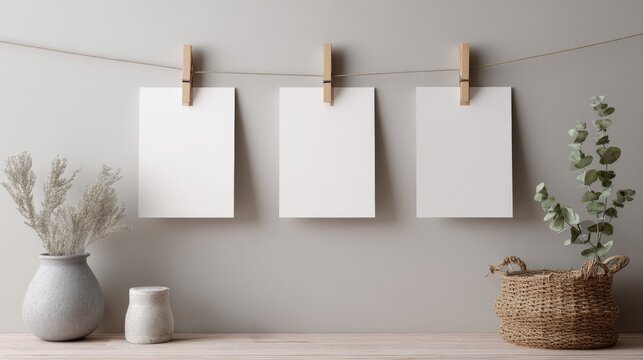 blank papers mockup hanging on the wall