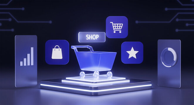 E-commerce online shopping concept, 3D shopping cart on digital podium, retail marketing icons and data analytics interface