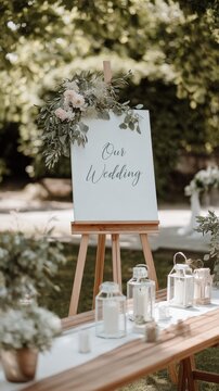 canvas with text "Our Wedding" on an easel and wedding decorations in summer garden