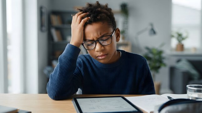 Stressed young boy wearing glasses looks at his tablet screen while struggling with difficult homework assignment at his wooden desk