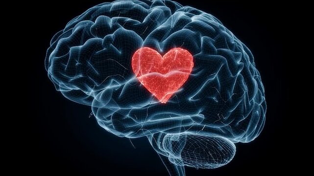 Glowing brain with heart shape centered inside dark background emphasizes brain'