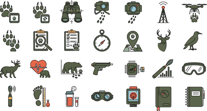 Hunting and wildlife conservation icon set vector illustration