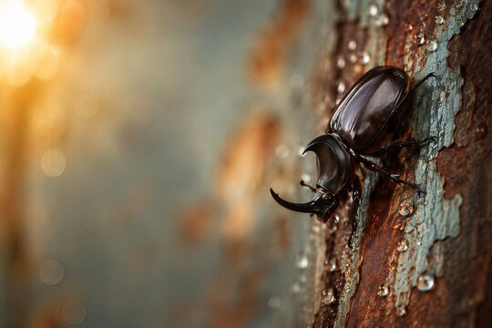 A rhinoceros beetle (Oryctes nasicornis) on a textured rusty iron surface with dewdrops, in warm golden morning light. Detailed wildlife macro photography, natural light, shallow depth of field, verti