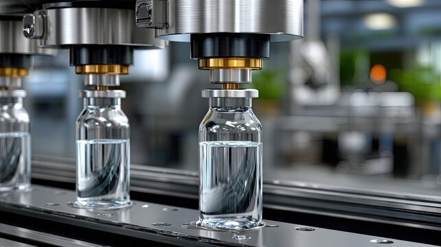 Robotic arms seal glass medicine bottles in a minimalist laboratory with modern design elements and advanced technology during a production cycle