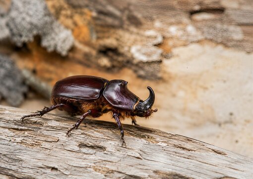 A rhinoceros beetle (Oryctes nasicornison) on eroded tree bark. Close-up, detailed wildlife macro photography using natural camouflage. Light background, horizontal exposure