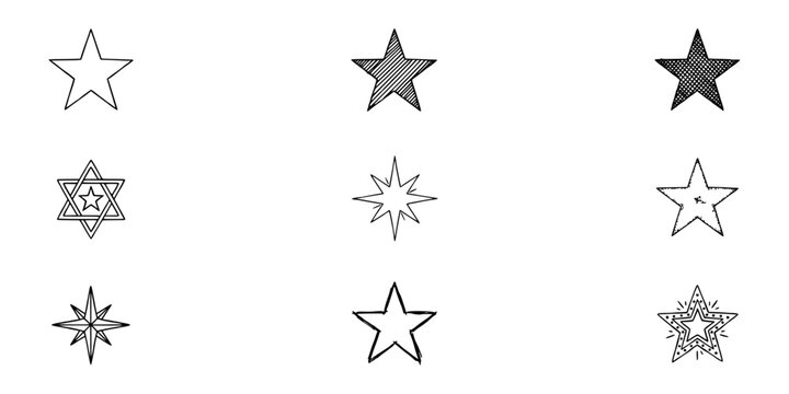 Stars in Various Styles and Patterns Arranged in a 3x3 Grid Featuring Star, Pattern, Design with Illustration and Vector Elements